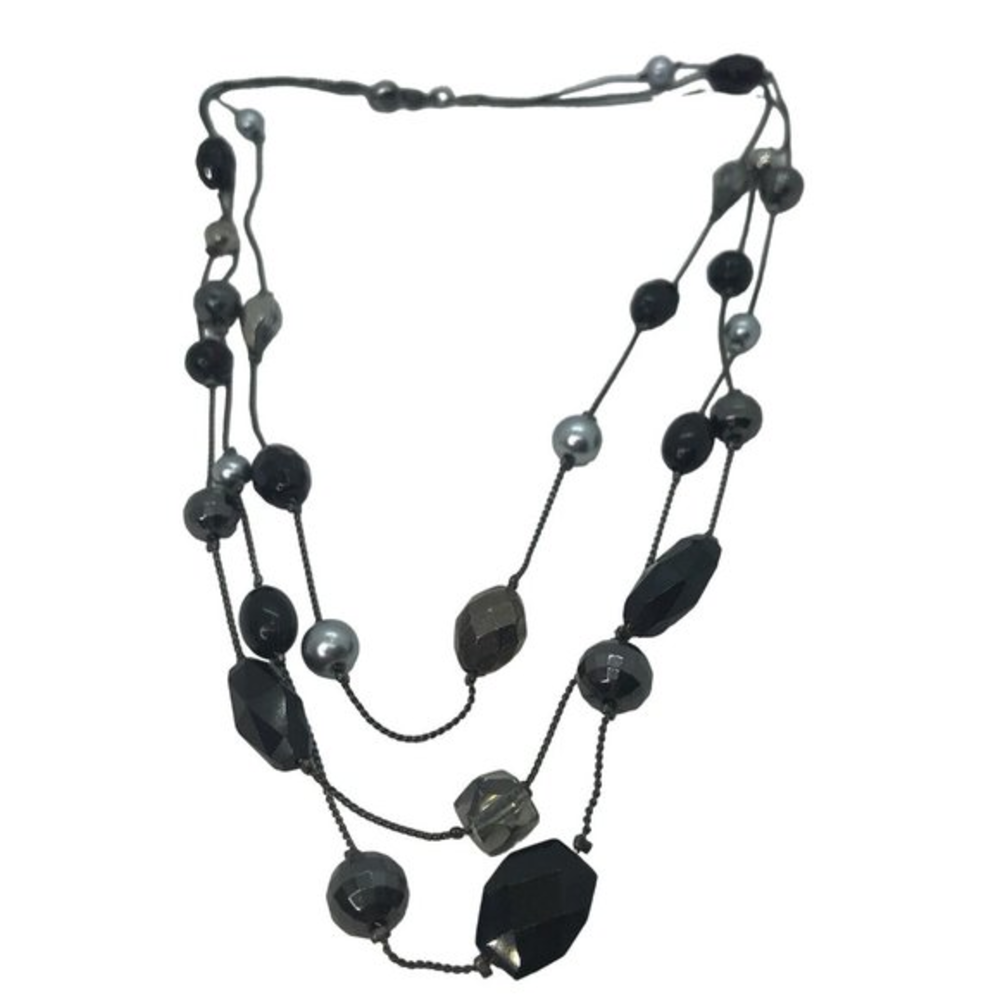 Black Station Beads Gray Faux Pearls Faceted multi chain 16" Necklace